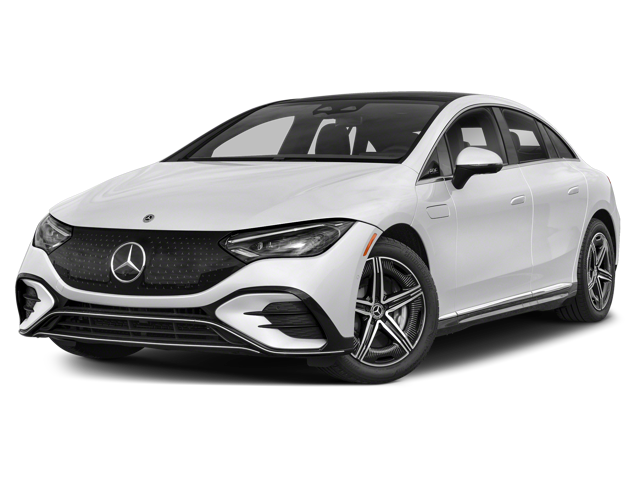 A white Mercedes-Benz EQS sedan on a black background, angled toward the front left.