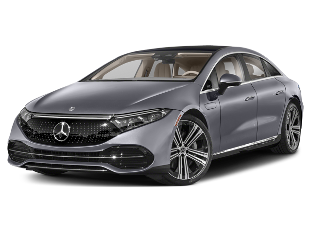 Front 3/4 view of a grey Mercedes-Benz EQS (electric sedan) against a black background.