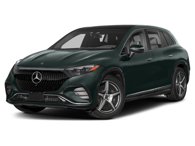 Front three-quarter view of a dark green Mercedes-Benz EQS SUV, isolated on a black background.