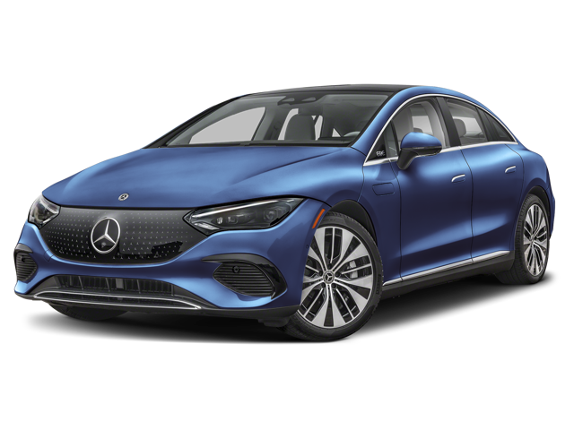 Front 3/4 view of a blue 2023 Mercedes-Benz EQE. The car appears mid-size and has a sleek, modern design.