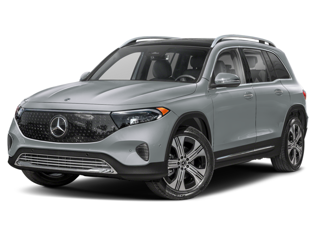 Front three-quarter view of a silver Mercedes-Benz GLB with a large grille and a black roof.