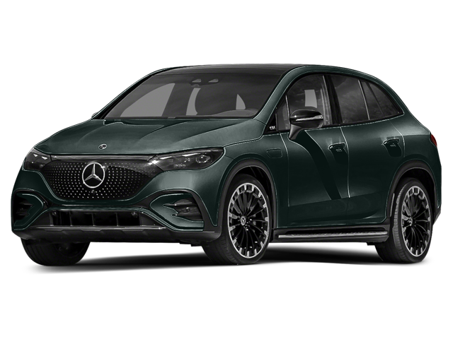 Front 3-quarter view of a dark green Mercedes-Benz EQE SUV.