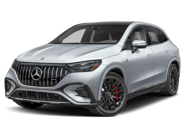 A silver Mercedes-Benz EQE SUV electric vehicle with a black grille and red brake calipers, angled front view.