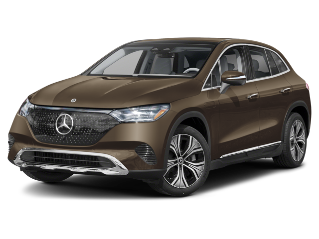 A brown Mercedes-Benz EQS SUV, seen from the front three-quarters angle, showcasing its sleek design on a dark background.