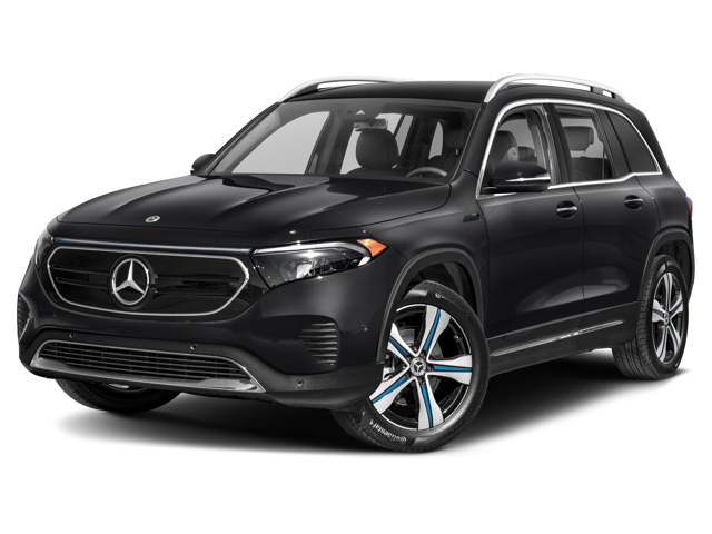 Dark gray Mercedes-Benz EQB SUV angled from the front left, against a black background.