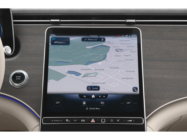 Close-up of a Mercedes-Benz vertical touchscreen display showing a navigation map.