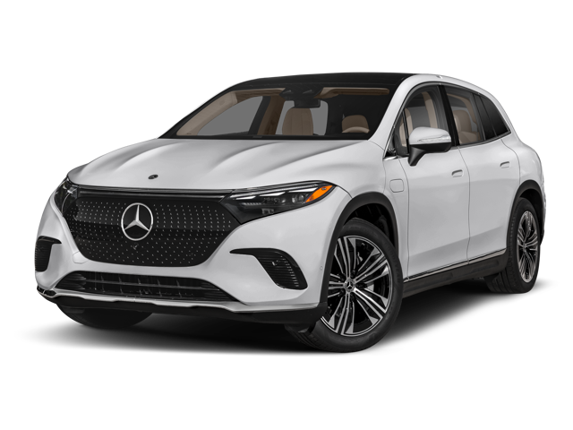 A white Mercedes-Benz EQS SUV facing slightly right, showcasing its sleek design and the distinctive front grille.