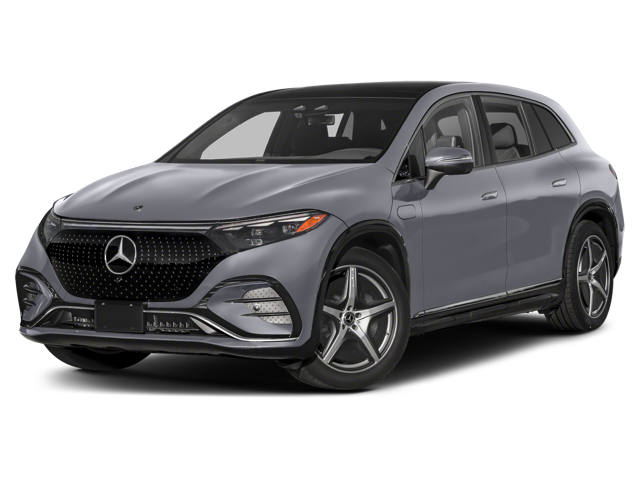 Front 3/4 view of a gray Mercedes-Benz EQS SUV with a black grille and multi-spoke wheels.