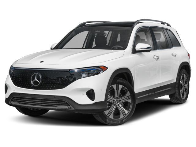 Front 3/4 view of a white Mercedes-Benz EQB with a black grille and roof, angled towards the left.