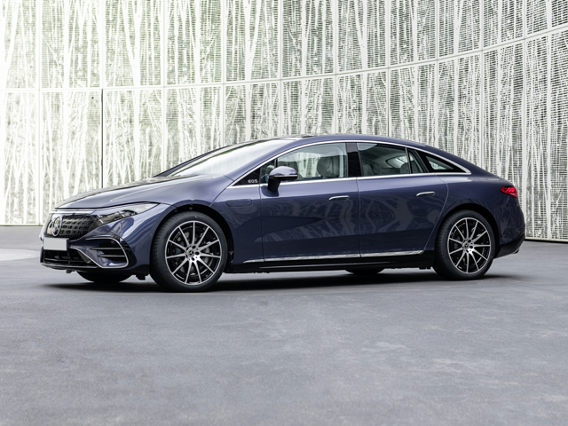 Dark blue luxury sedan shown from the front left against white background
