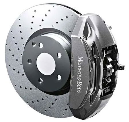 Mercedes-Benz high-performance drilled disc brake assembly with a silver multi-piston caliper