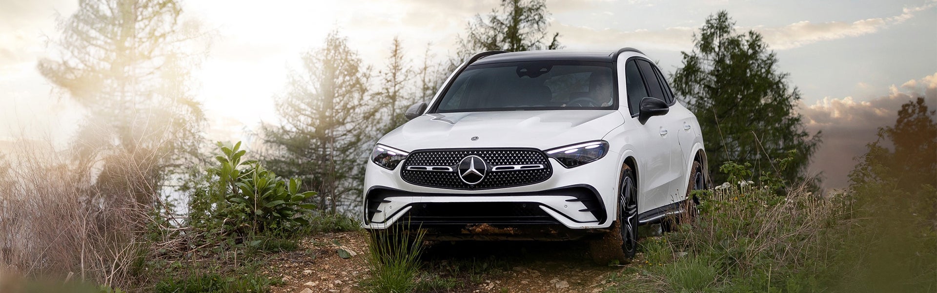 A white Mercedes-Benz SUV on a dirt path, surrounded by trees and brush, with the sun shining through.