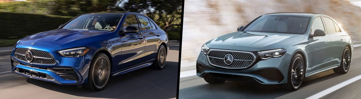 Two side-by-side images of Mercedes-Benz sedans: a blue Mercedes-Benz C-Class driving on a tree-lined road on the left, and a light green Mercedes-Benz E-Class driving on an open road with a blurred background on the right.