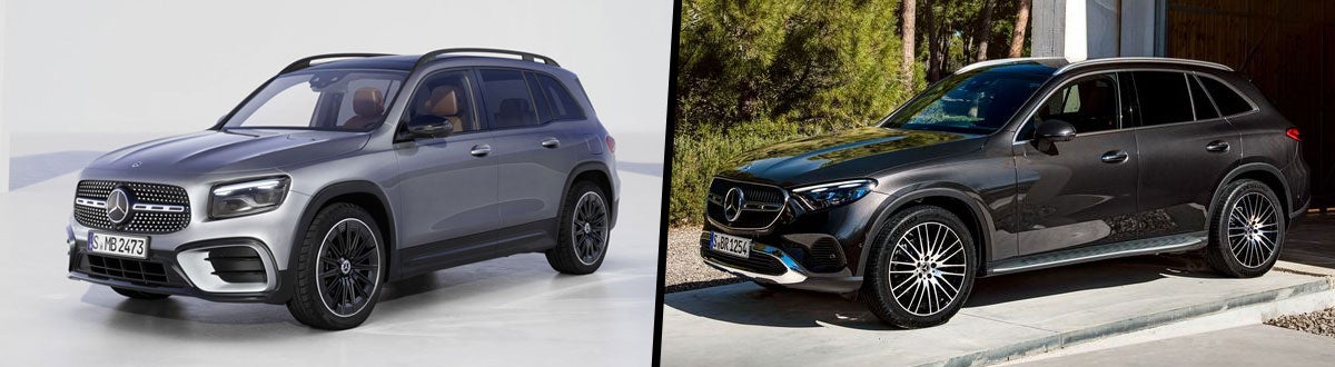 Two side-by-side images of Mercedes-Benz SUVs: a silver Mercedes-Benz GLB shown in a studio setting on the left, and a dark gray Mercedes-Benz GLC parked outdoors near trees and a modern building on the right.