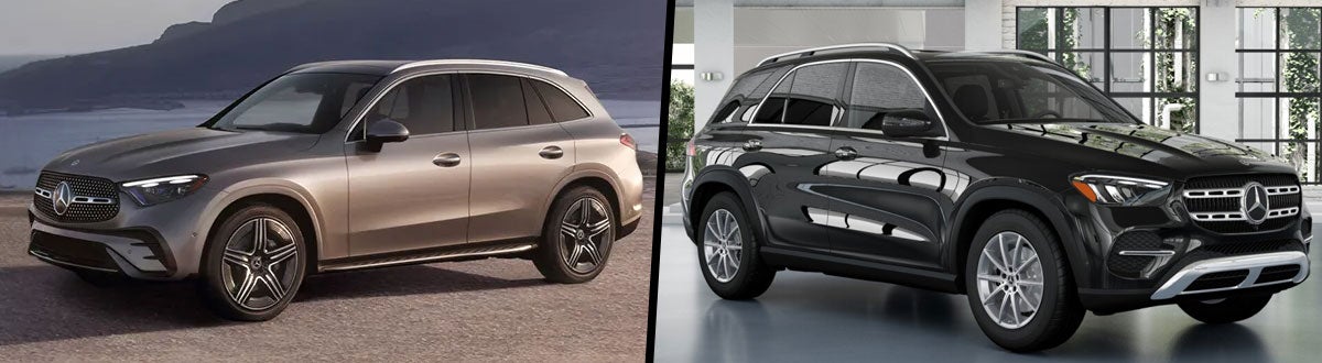 Two side-by-side images of Mercedes-Benz SUVs: a champagne-colored 2024 Mercedes-Benz GLC parked outdoors by a scenic coastline on the left, and a black 2024 Mercedes-Benz GLE displayed indoors in a modern showroom on the right.