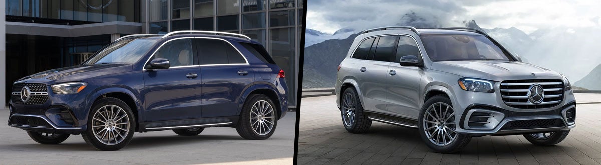 Two side-by-side images of Mercedes-Benz SUVs: a blue Mercedes-Benz GLE parked in front of a modern glass building on the left, and a silver Mercedes-Benz GLS positioned outdoors with a mountain landscape in the background on the right.