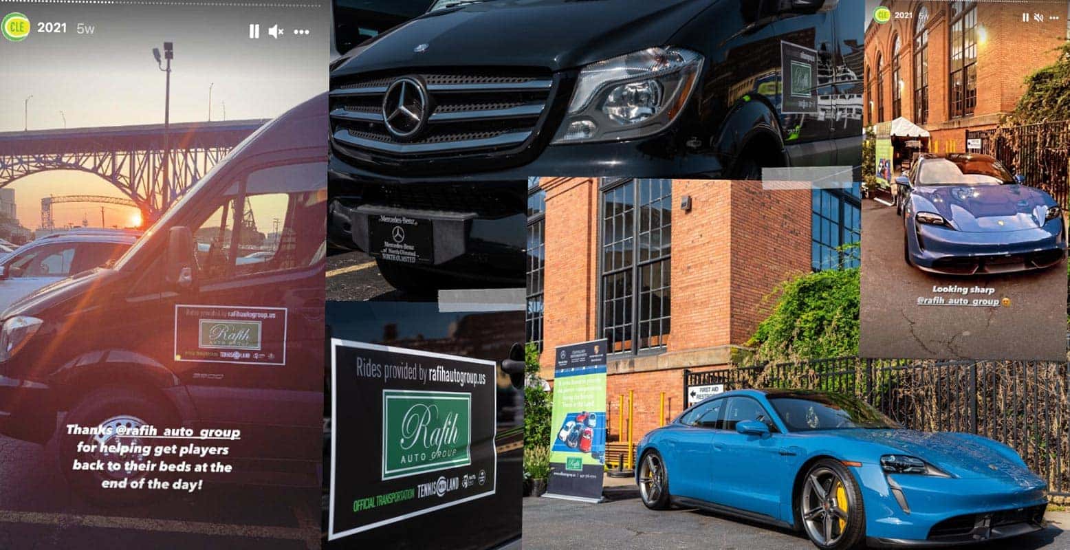 A collage of five images showing vehicles from Rafih Auto Group, including Mercedes-Benz vans and a blue Porsche, with promotional text