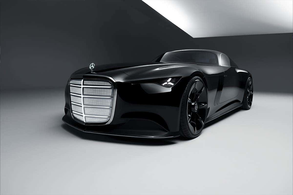 Sleek black luxury sports car with a large chrome grille and aerodynamic design in a studio setting