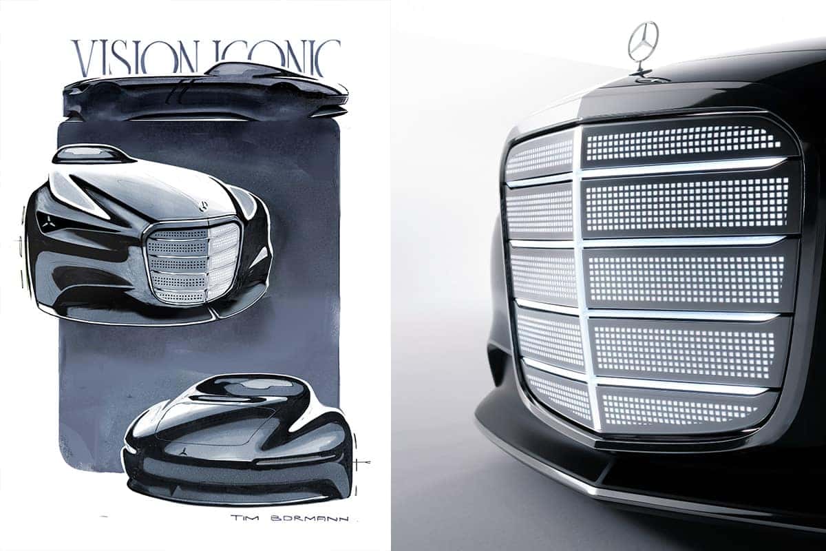 Mercedes-Benz Vision Iconic concept sketch and close-up of illuminated front grille with digital light panel and hood ornament.